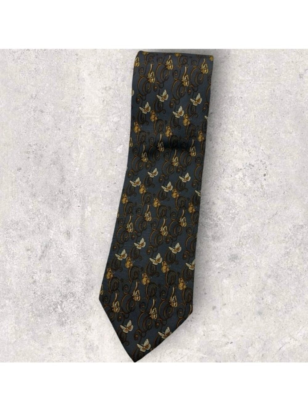 CHANAUD Silk Tie ITALY XL Gray Gold White Baroque Butterfly W:3.8" EUC